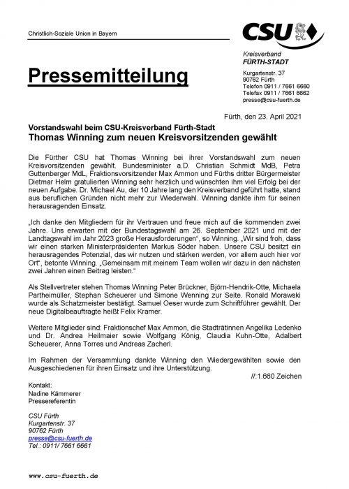 Pressemitteilung CSU-Kreisverband wählt neuen Kreisvorstand, 23.04.2021