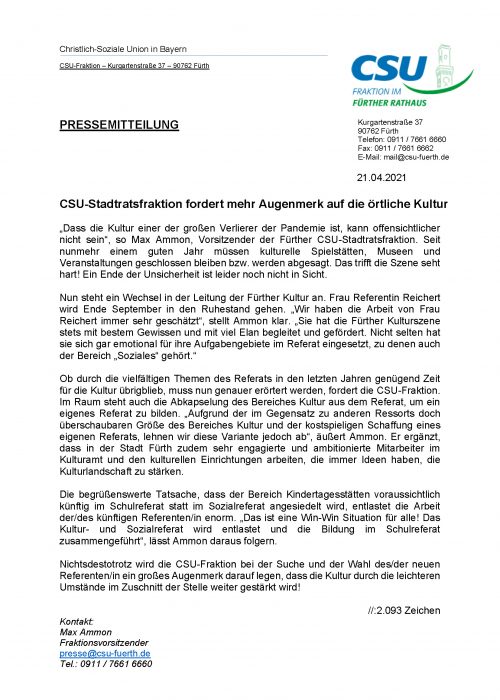 Pressemitteilung CSU-Stadtratsfraktion fordert mehr Augenmerk auf die örtliche Kultur, 21.04.2021