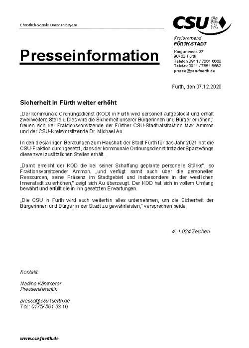 Pressemitteilung Sicherheit in Fürth weiter erhöht, 7.12.2020